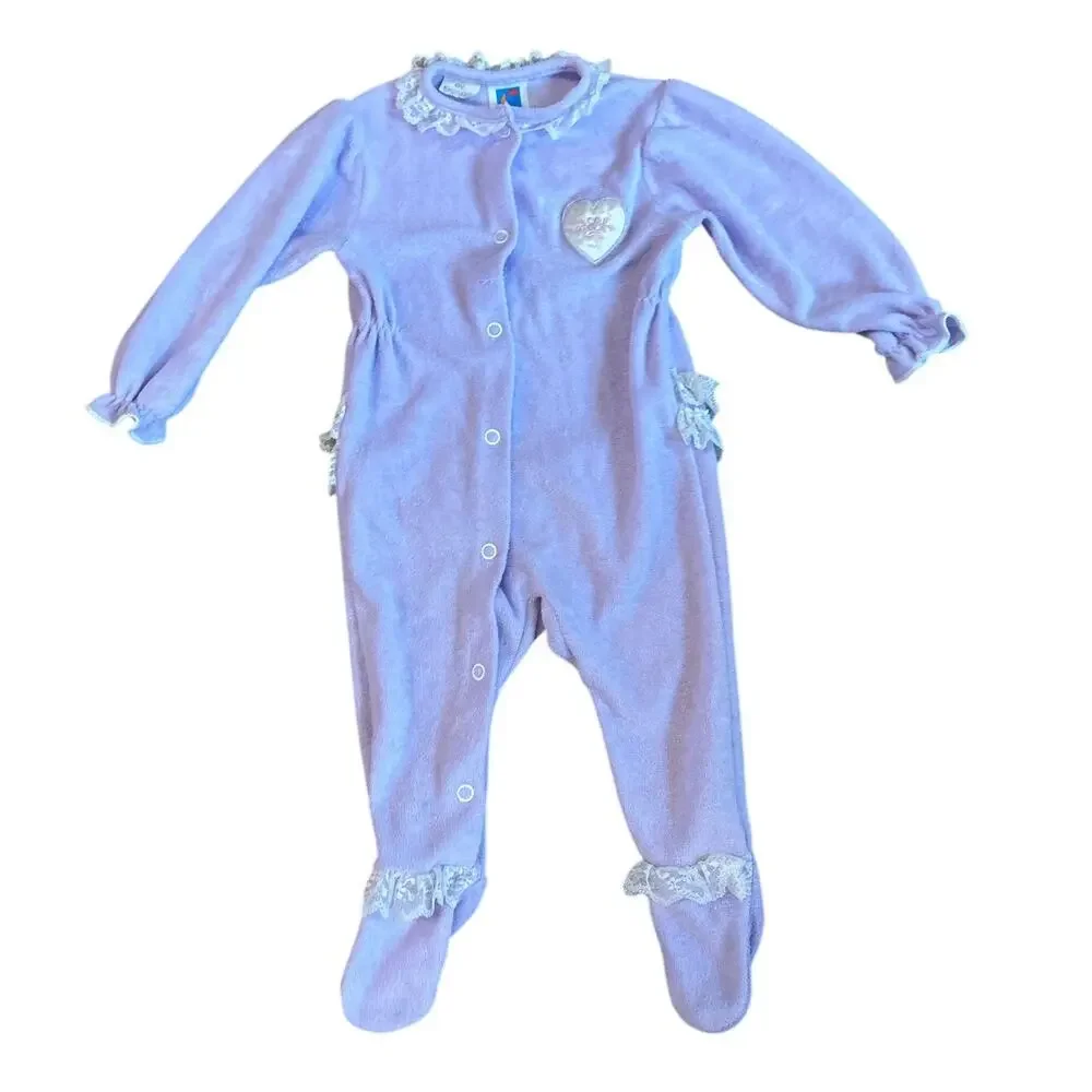 Vintage Baby Carters Baby Girl 6-9M‎ Lavender Footed Terry Sleeper Lace Trim EUC